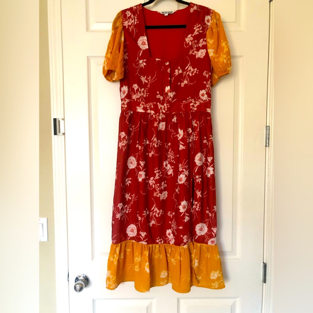 Walter Baker midi floral dress with side slit and puffed sleeves